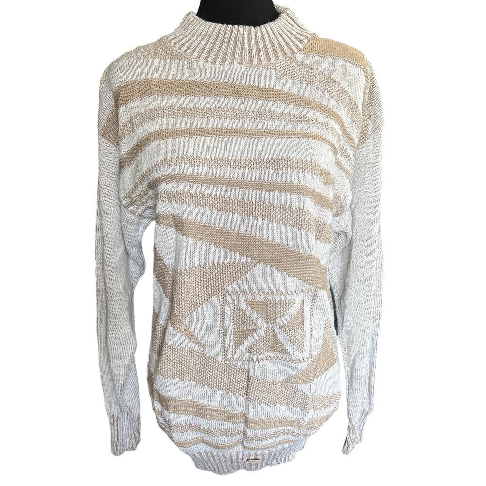 Vintage Hilton Tan Abstract 3D Knit Mock Neck Acrylic Sweater, Size Medium, 90s